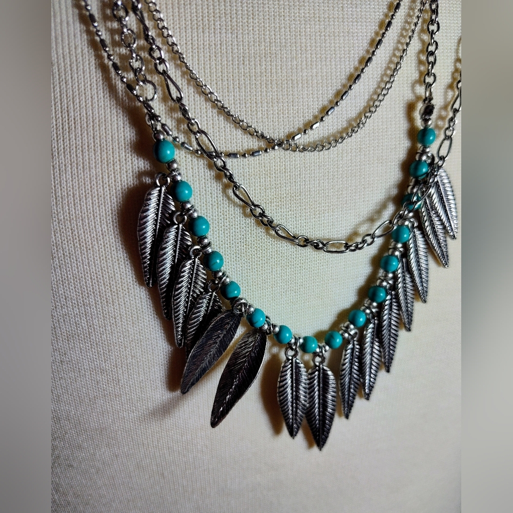 Silver Tone and Turquoise Feather Long Necklace. NWOT